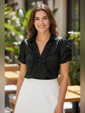 Antilia Femme Black Ruffle
Front Puff Sleeve Stretch
Blouse